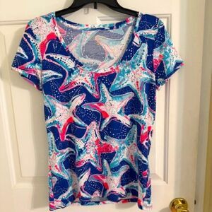 Lilly Pulitzer Indigo Starstruck Dori Tee Shirt Sz M EUC Starfish Pima Cotton